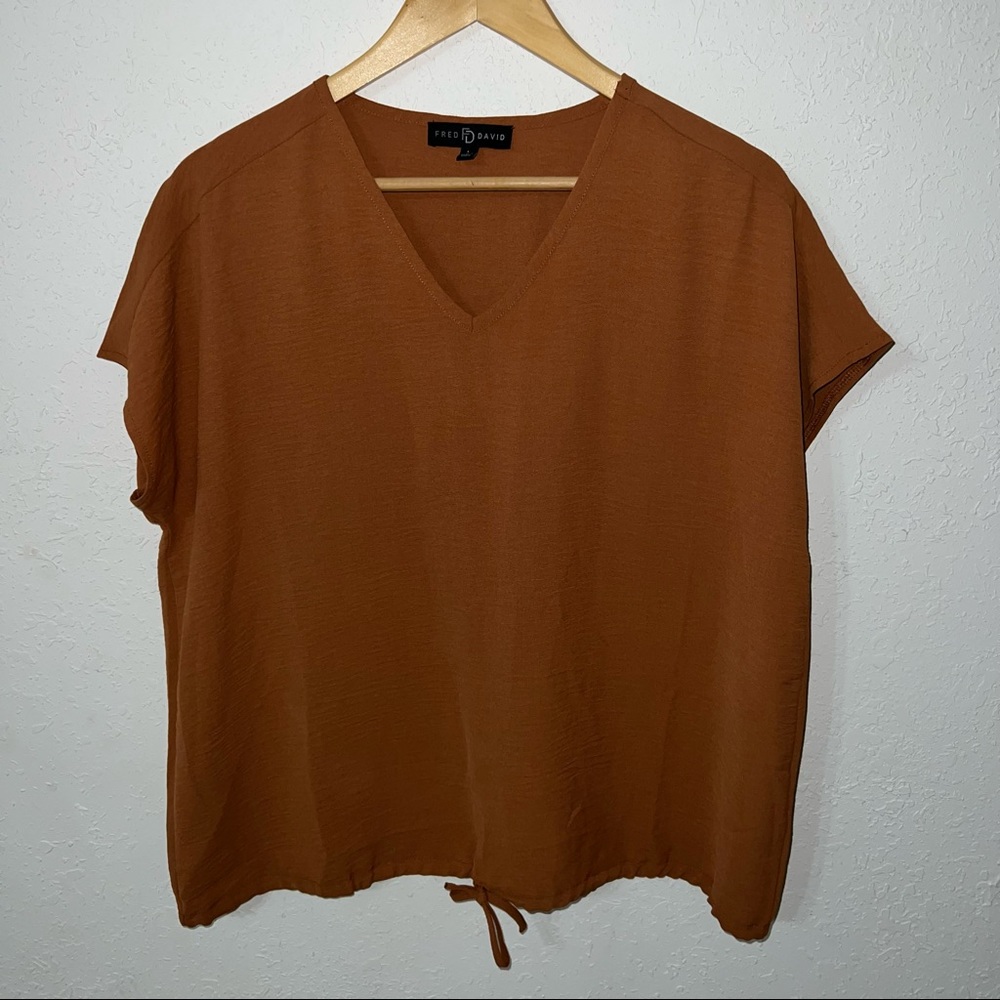 Fred David Rust Colored Tie Waist V Neck Textured Satin Like Blouse Size Large.
